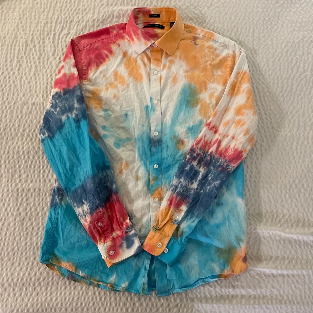 TOMMY HILFIGER Slim Fit Tie Dye Spread Collar Shirt Size L‎